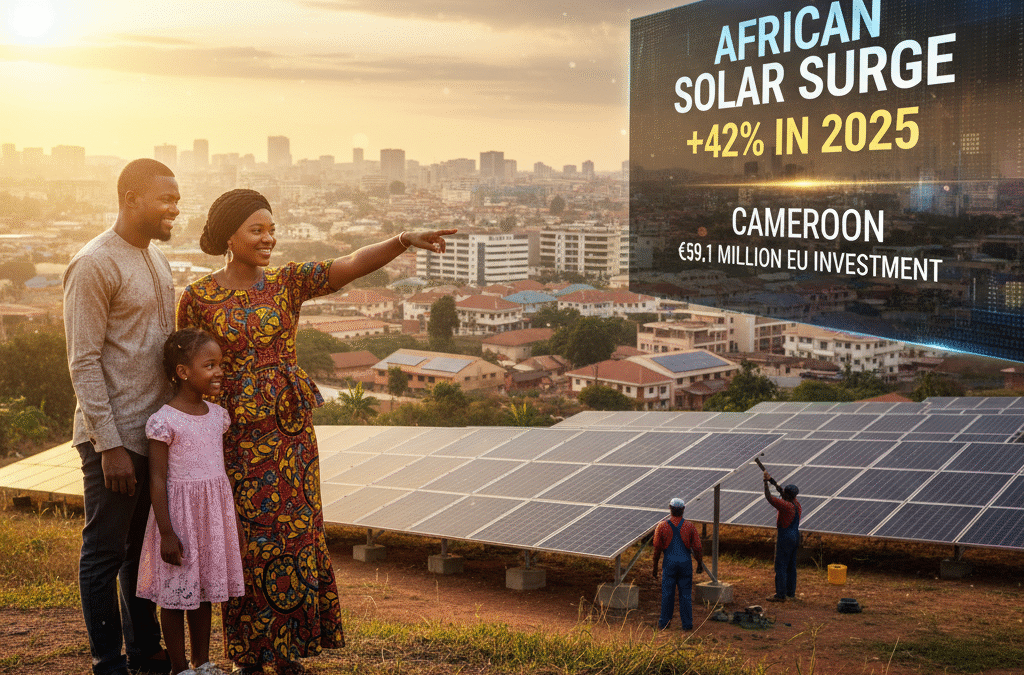 African family looks at new solar panel installation in Douala, symbolizing Cameroon's €59.1 million EU solar investment.